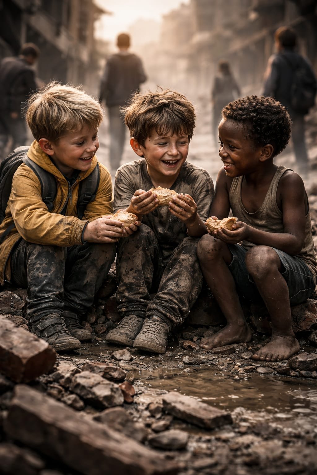 Three children from different backgrounds sitting together, laughing and sharing food as friends