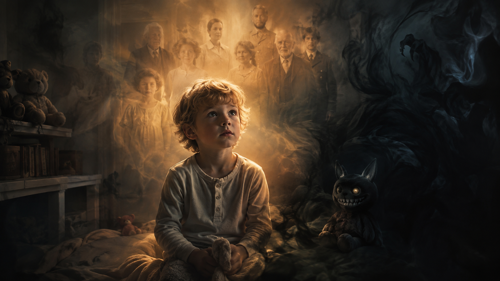 Child between light and darkness protecting a child’s soul, spiritual upbringing, and the continuation of the family line