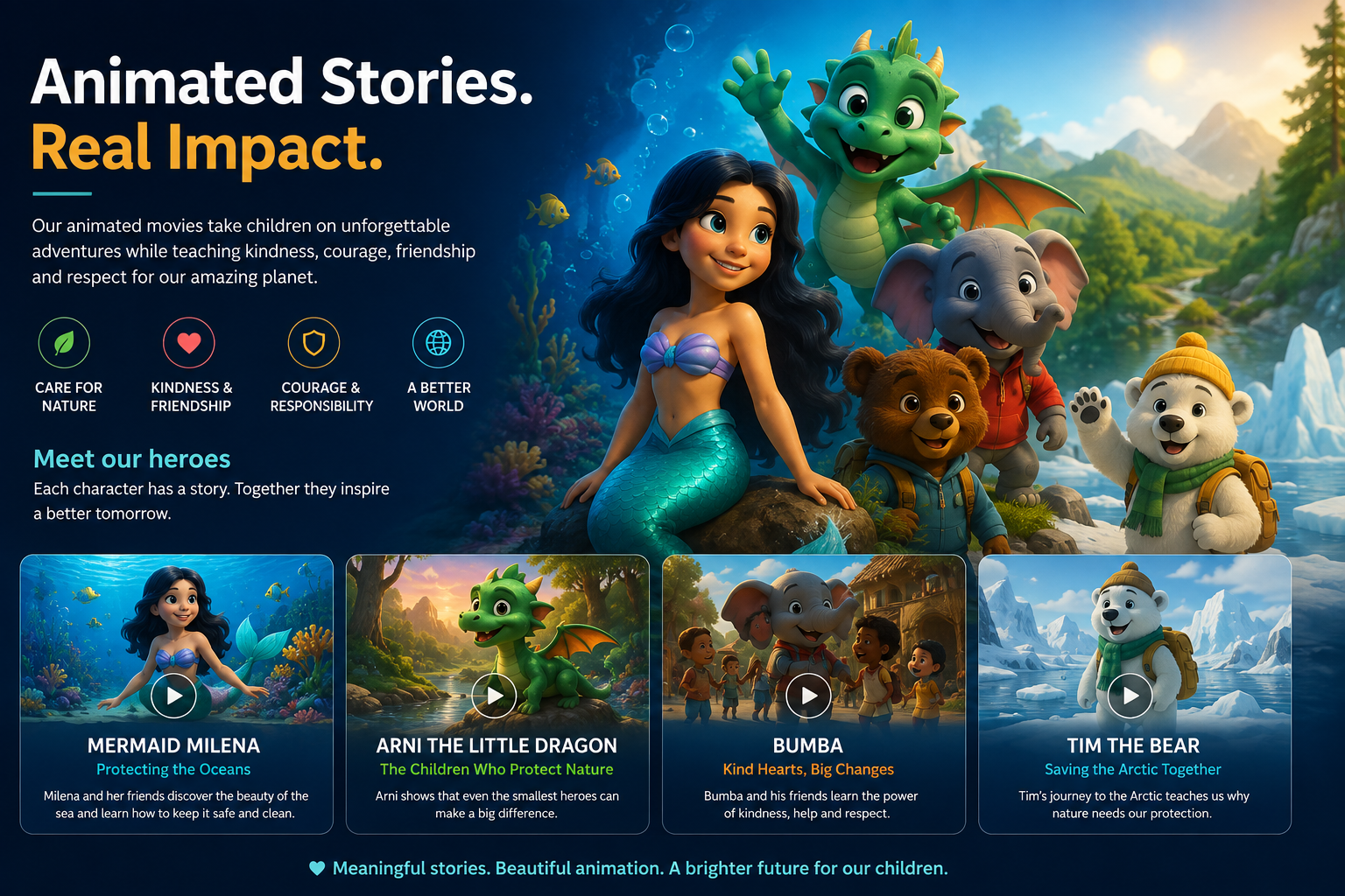 Educational animated stories for children by Magical Pages featuring Mermaid Milena, Arni the Little Dragon, Bumba and Tim the Bear