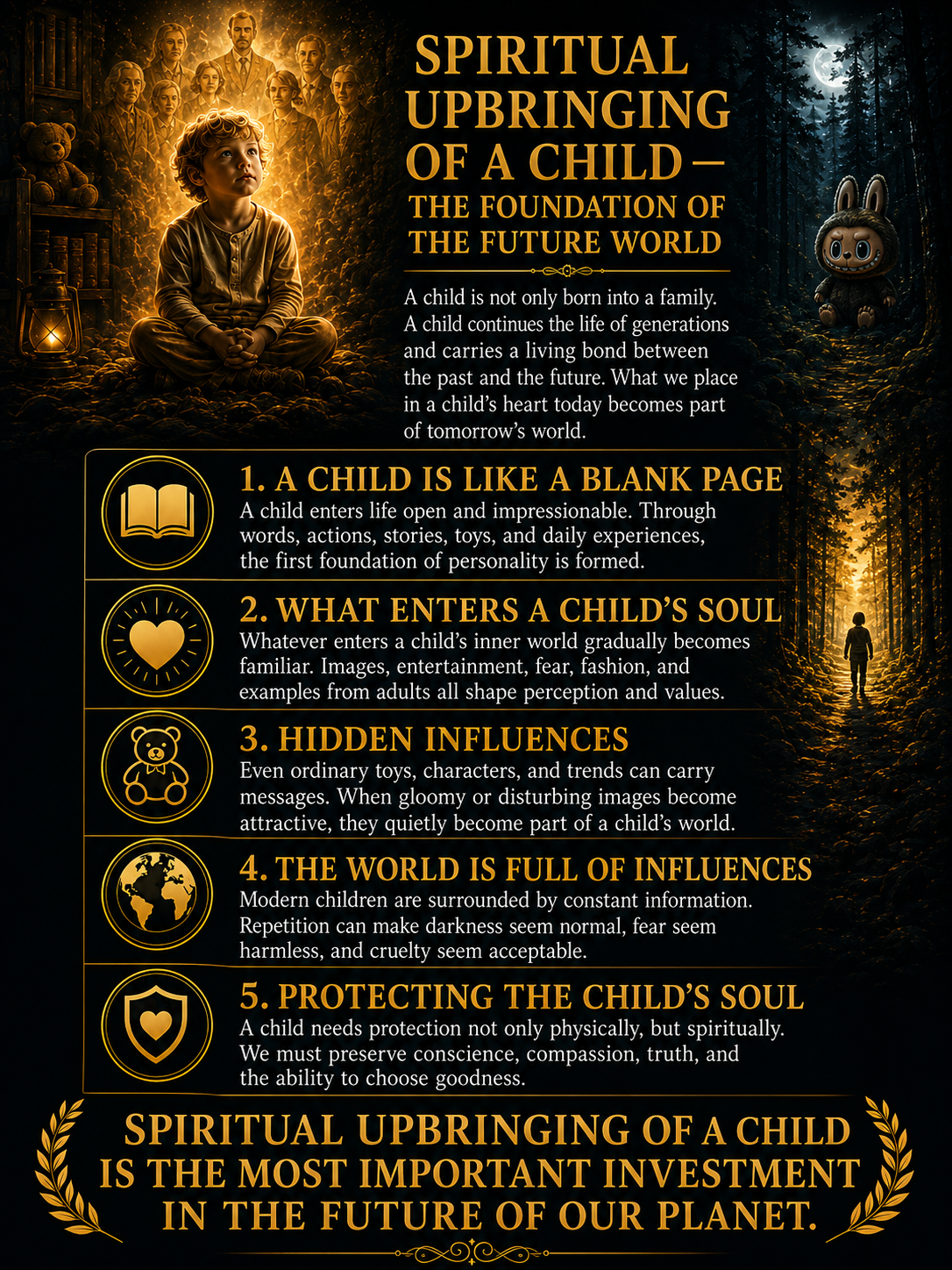 Spiritual upbringing of a child illustrated with a glowing child, family generations, and a Labubu doll symbolizing hidden influences on children.