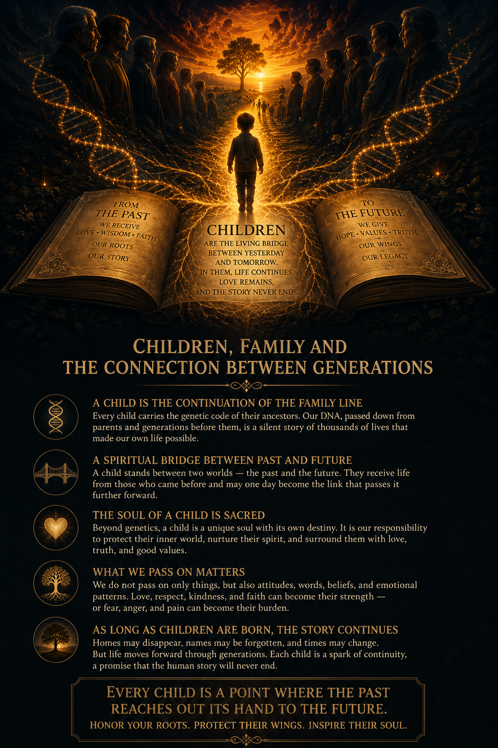 Child as a spiritual bridge between generations, family ancestry, DNA, and the connection between past and future