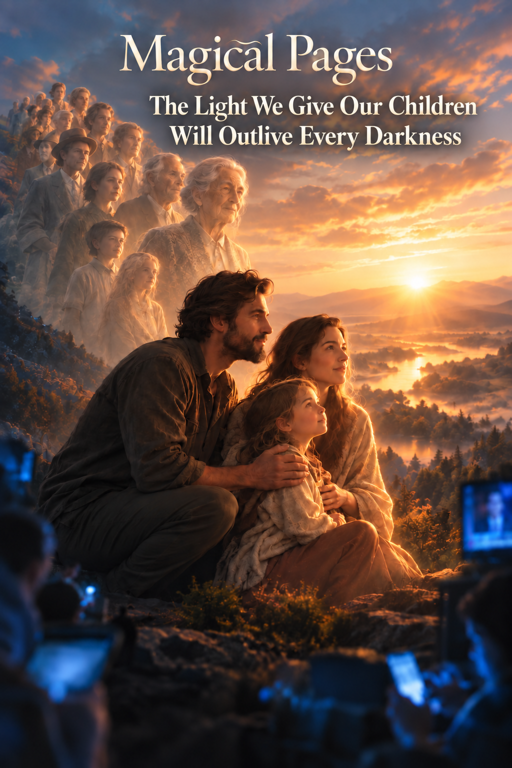 Parents protecting their child at sunrise, with generations of souls behind them and the words “Magical Pages: The Light We Give Our Children Will Outlive Every Darkness.”